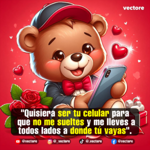 Dibujo tierno en 3D de un osito de peluche marrón vestido con traje formal y un lazo rojo, sonriendo mientras sostiene un teléfono celular, con rosas rojas y corazones en un fondo rojo brillante.