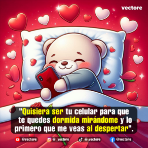 Arte digital de un osito de peluche acostado en una cama blanca mirando un teléfono inteligente con carcasa roja, rodeado de numerosos corazones flotantes de color rojo y blanco.