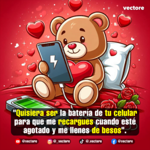 Ilustración en 3D de un osito de peluche sentado en una cama sosteniendo un celular conectado a un cargador portátil, con rosas rojas a su lado y un fondo decorado con múltiples corazones flotantes.