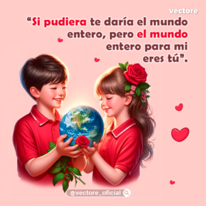 Arte digital tierno de un niño y una niña en estilo chibi sosteniendo juntos un pequeño planeta Tierra brillante; la niña tiene una rosa roja en el cabello y ambos se miran con una sonrisa sobre un fondo rosa.