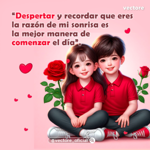 Pareja de niños en estilo chibi sentados con las piernas cruzadas sobre un fondo rosa suave, flanqueados por grandes rosas rojas de tallo verde y corazones flotando a su alrededor.