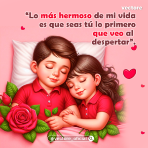 Dibujo digital romántico de un niño y una niña recostados en una cama con los ojos cerrados, durmiendo plácidamente tomados de la mano y rodeados de rosas rojas con pétalos esparcidos.