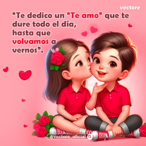Ilustración chibi de una niña dándole un dulce beso en la mejilla a un niño mientras están sentados en el suelo; la niña lleva una rosa en el cabello y hay un pequeño ramo de rosas rojas a su lado.