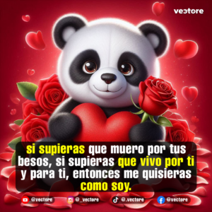 Ilustración digital de un tierno oso panda de peluche sosteniendo un cojín de corazón rojo y una rosa roja, rodeado de corazones flotantes sobre un fondo rojo romántico.