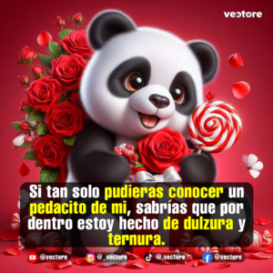 Dibujo digital de un dulce oso panda sonriente que sostiene una paleta de caramelo en espiral roja y blanca junto a un ramo de rosas rojas y mariposas blancas.