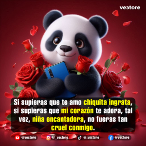 Ilustración tierna en 3D de un osito panda abrazando un teléfono celular inteligente de color azul, rodeado de abundantes rosas rojas y pétalos flotando en el fondo.