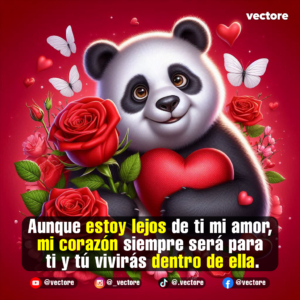 Ilustración romántica en 3D de un sonriente oso panda sosteniendo un gran corazón rojo, decorado con ramos de rosas rojas, flores rosadas y mariposas blancas volando alrededor.