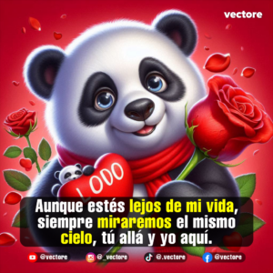 Gráfico digital de un osito panda bebé de ojos azules sosteniendo un corazón rojo que dice "LOVE" y una gran rosa roja, en un fondo festivo con pétalos de flores dispersos.