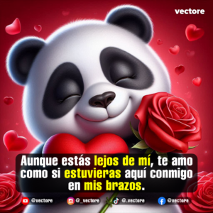 Adorable oso panda en 3D con ojos cerrados y una tierna sonrisa, abrazando fuertemente un cojín con forma de corazón rojo, acompañado de rosas rojas en las esquinas inferiores.