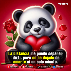 Dibujo romántico de un osito panda sentado con los ojos cerrados, abrazando un corazón rojo brillante, con rosas y pétalos rojos decorando el fondo de color carmesí.