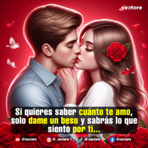 Ilustración romántica en tonos rojos de una pareja dándose un tierno beso en los labios. El hombre sostiene suavemente el cuello de la mujer con su mano, rodeados de rosas rojas intensas, una mariposa y palomas blancas volando sobre un fondo rojo difuminado.
