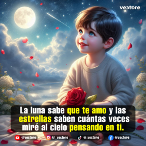 Pintura digital de un niño pequeño de ojos azules sentado en una playa bajo un cielo nocturno estrellado con luna llena y una estrella fugaz, sosteniendo una rosa roja en sus manos.