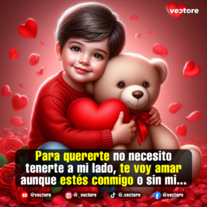 Arte digital infantil de un niño sonriente con suéter rojo abrazando afectuosamente a un oso de peluche marrón que sostiene un cojín de corazón rojo, rodeados de pequeños corazones flotantes.