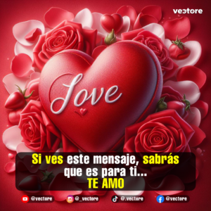 Composición artística de un gran corazón tridimensional rojo con la palabra "Love" escrita en letras cursivas blancas, rodeado de pétalos blancos, fresas y rosas rojas texturizadas.