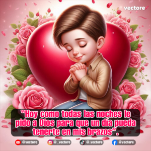 Dibujo digital de un niño con los ojos cerrados y las manos juntas en posición de oración, situado delante de un gran corazón rojo texturizado y enmarcado por rosas rosadas con pétalos flotando a su alrededor.