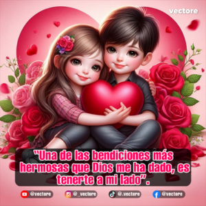 Ilustración romántica de estilo anime con una pareja de niños abrazados sosteniendo un gran corazón rojo brillante, rodeados de rosas rojas y un fondo rosado.