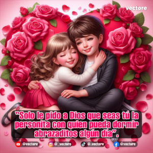 Dibujo digital tierno de un niño y una niña abrazados con cariño, recostados sobre un gran corazón rojo decorado con abundantes rosas rosadas y pétalos flotantes.