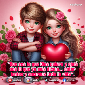 Arte digital de una pareja infantil con ojos verdes llamativos; el niño usa una camisa a cuadros roja y los brazos cruzados, mientras la niña sostiene un corazón rojo frente a un fondo de rosas.