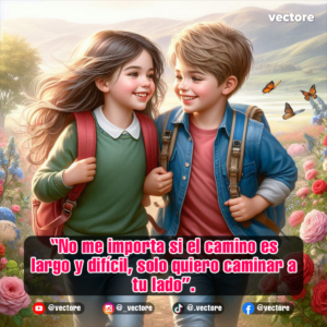 Ilustración detallada de dos niños sonrientes con mochilas caminando juntos por un sendero campestre rodeado de flores y mariposas monarca volando en el fondo.
