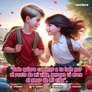 Arte conceptual de un niño con playera roja y una niña con camisa blanca caminando tomados de la mano alegremente por un campo lleno de flores rojas y azules durante el amanecer.