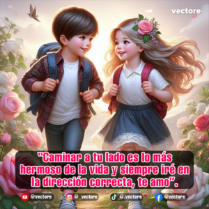 Dibujo digital de una tierna pareja infantil caminando de la mano con mochilas escolares, rodeados por un frondoso jardín de rosas rosadas bajo una luz cálida y brillante.