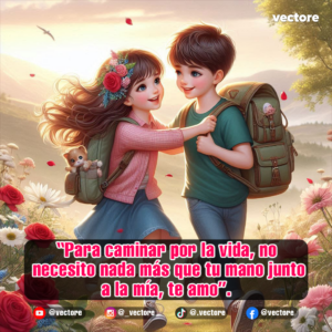 Ilustración romántica de estilo animado con un niño y una niña con mochilas caminando juntos por un sendero floreado; ella sonríe y sostiene la correa de la mochila del niño mientras un pequeño gatito asoma desde su mochila.