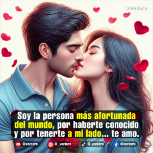 Dibujo digital de una pareja dándose un apasionado beso en la boca, rodeados de corazones rojos y pétalos flotando en el fondo. Ambos visten polos de color azul claro a juego y se muestra un ramo de rosas rojas en la parte inferior.