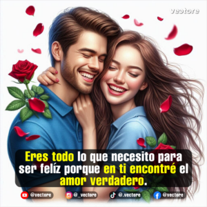 Ilustración de una pareja joven riendo y abrazándose con complicidad. Ambos usan camisetas de color azul, la mujer abraza al hombre por el cuello y se aprecian rosas rojas con pétalos flotando a su alrededor sobre un fondo blanco.