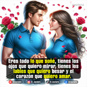 Pareja enamorada mirándose fijamente a los ojos con ternura mientras se toman de las manos. Visten camisetas polo de color azul brillante y la mujer sostiene un ramo de rosas rojas, con pétalos cayendo a su alrededor.