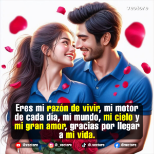 Ilustración digital de una pareja sonriéndose con amor y mirándose de cerca a punto de besarse. Están vestidos con polos azules iguales, sosteniendo un ramo de rosas rojas con pétalos rojos flotando en un fondo luminoso.