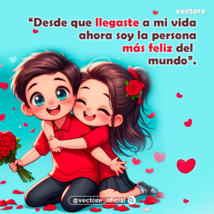 Caricatura de una niña abrazando efusivamente por la espalda a un niño que sonríe sosteniendo un ramo de rosas rojas, rodeados de una lluvia de corazones y pétalos rojos en un fondo celeste brillante.