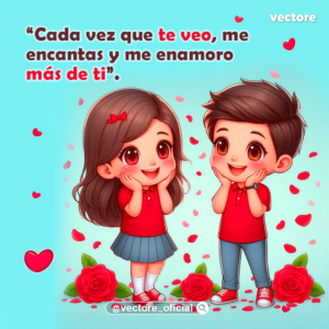 Ilustración digital de una pareja de niños estilo chibi con camisetas rojas; ambos tienen las manos en sus mejillas y se miran con ternura rodeados de rosas y pétalos que caen sobre un fondo celeste.