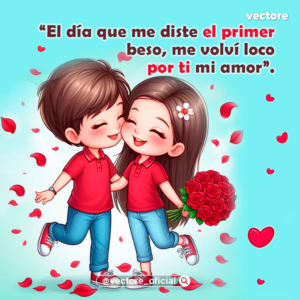 Dibujo animado romántico de un niño chibi dándole un beso en la mejilla a una niña que sonríe feliz sosteniendo un gran ramo de rosas rojas, bajo una lluvia de pétalos sobre un fondo celeste.
