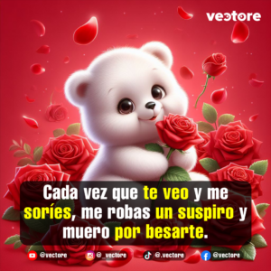 Ilustración digital de un tierno osito blanco de peluche con ojos grandes sosteniendo una rosa roja, rodeado de un fondo romántico con más rosas y pétalos volando.