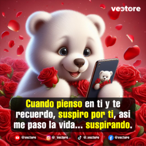 Arte digital 3D de un oso blanco bebé sosteniendo una rosa roja en su pata y mirando una videollamada en un smartphone, en medio de un campo lleno de rosas rojas.