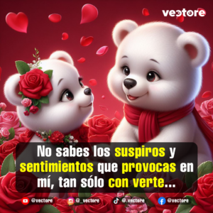 Dibujo romántico en 3D de dos ositos blancos enamorados; la osita tiene rosas en la cabeza y el osito lleva una bufanda roja, rodeados de pétalos de corazón.