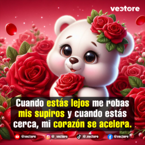 Ilustración tierna de una osita blanca con una corona de rosas rojas sosteniendo una flor entre sus patas, sobre un fondo cubierto de rosas y detalles florales.