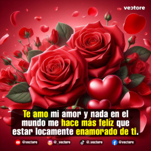 Arte digital que muestra un ramo de rosas rojas abiertas y capullos con dos pequeños corazones rojos relucientes en medio, rodeados de pétalos que caen con delicadeza.