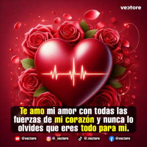 Ilustración romántica de un gran corazón rojo con una línea de latido luminoso en el centro, enmarcado por un frondoso arreglo de rosas rojas tridimensionales y pequeñas perlas brillantes de fondo.