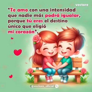 Arte digital de una pareja de niños sentados juntos en una banca de madera y tomados de la mano; la niña viste una blusa rosa y el niño una playera verde, ambos con sonrisas felices sobre un fondo verde menta decorado con rosas y corazones.