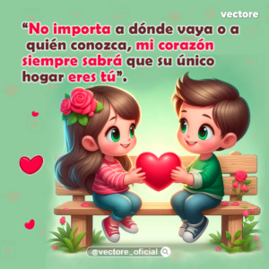 Dibujo digital de un niño y una niña sentados en los extremos de una banca de madera, estirando sus brazos para sostener juntos un brillante corazón rojo en el centro; la niña tiene rosas en el cabello y ambos tienen grandes ojos verdes en un fondo verde pastel.