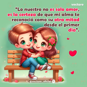 Ilustración romántica de un niño con camisa roja a cuadros abrazando con ternura a una niña con pantalón verde mientras se sientan juntos en una banca de madera, rodeados de rosas rojas en la base sobre un fondo verde suave.