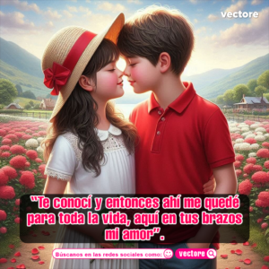 Ilustración romántica en 3D de un niño con polo rojo y una niña con vestido blanco y sombrero de paja rozando tiernamente sus narices frente a un inmenso campo de flores y montañas.
