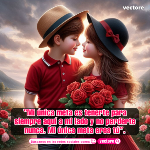 Arte digital de una pareja de niños con sombreros elegantes mirándose con amor; el niño abraza a la niña por la cintura mientras ella sostiene un gran ramo de rosas rojas cerca de un lago.