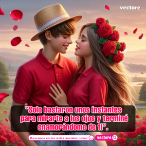 Ilustración en 3D de un chico con sombrero beige y una chica con una corona de rosas rojas en el cabello abrazados de forma cariñosa en medio de un jardín botánico durante el atardecer.