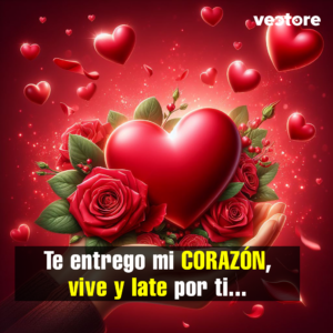 Ilustración romántica en tonos rojos que muestra un gran corazón brillante rodeado de rosas rojas abiertas y hojas verdes, sostenido delicadamente por unas manos en la parte inferior, con pequeños corazones flotando al fondo.