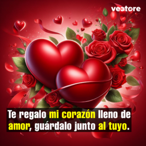 Composición romántica digital con dos grandes corazones rojos entrelazados en el centro, rodeados de un elegante arreglo de rosas rojas con hojas verdes y cintas decorativas sobre un fondo rojo difuminado.