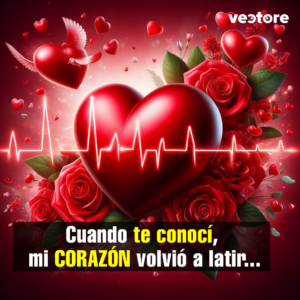 Imagen conceptual de amor que presenta un gran corazón rojo brillante atravesado horizontalmente por una línea blanca de electrocardiograma (latidos cardíacos), adornado con rosas rojas a su alrededor y pequeños corazones alados flotando.