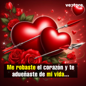 Ilustración artística de dos corazones rojos de diferentes tamaños atravesados por dos flechas plateadas con plumas rojas, rodeados por rosas rojas y destellos brillantes sobre un fondo carmesí.