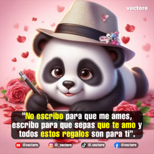 Ilustración en 3D de un pequeño oso panda con ojos grandes y un sombrero elegante gris con un lazo rosa, sosteniendo un lápiz para escribir una carta sobre un fondo rosa con pétalos y corazones.